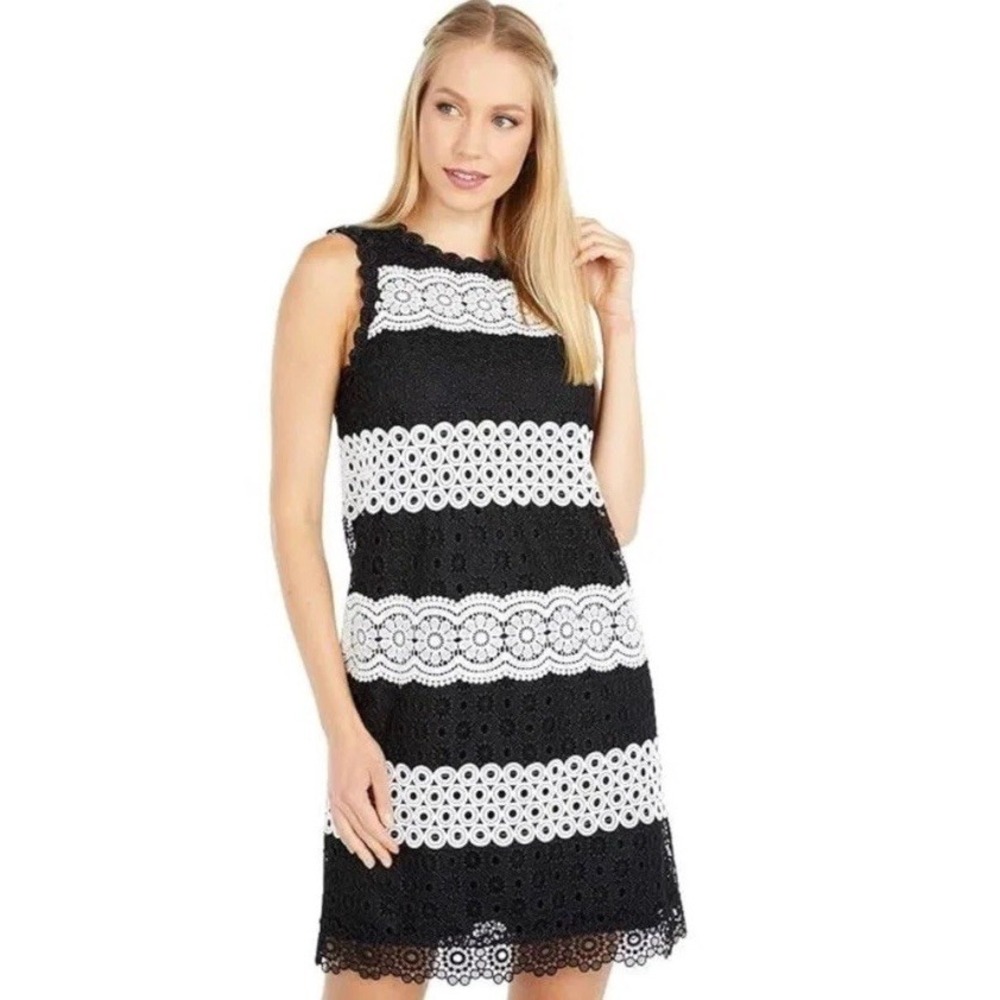 NWT KATE SPADE Dot Lace Overlay Floral Black and White Shift Dress Women's 12